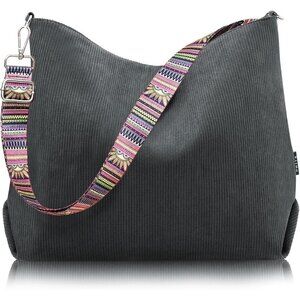 Women’s Grey Corduroy Stylish Zipper with Adjustment Strap Tote Bag
